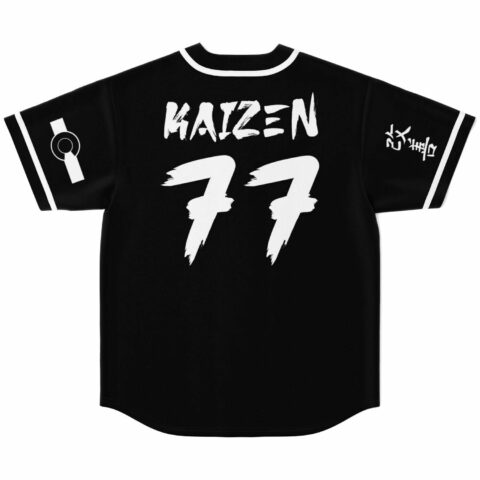 Black rave jersey back view with Kaizen 77 brush lettering and kanji sleeve print