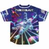 Funhonaut text arches over chrome astronaut design on back view of galaxy print jersey