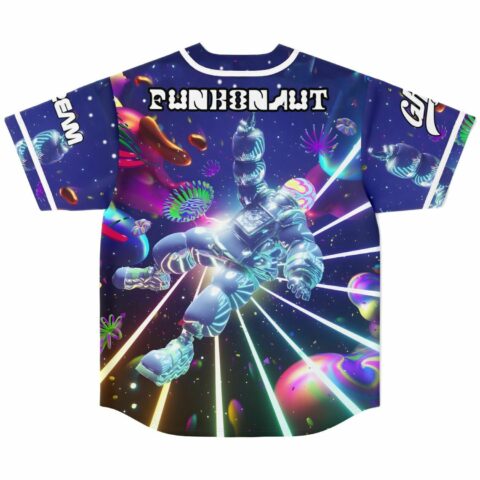 Funhonaut text arches over chrome astronaut design on back view of galaxy print jersey