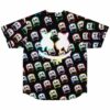 Back view of black jersey showing large white melting smiley face over colorful drip pattern
