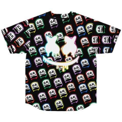Back view of black jersey showing large white melting smiley face over colorful drip pattern