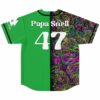 Green psychedelic rave baseball jersey with large custom numbers and colorful abstract design, back view