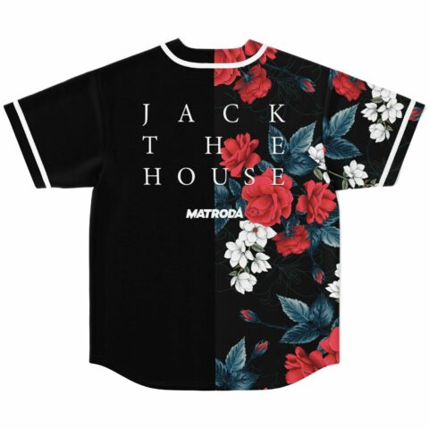 Back view of jersey with rose print panel, JACK THE HOUSE text above MATRODA logo