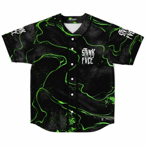 Black marble rave baseball jersey with neon green swirl print and STVNK FVCE chest logo