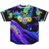 Back view of oil slick rave jersey showing owl graphic and pink EDC logo among