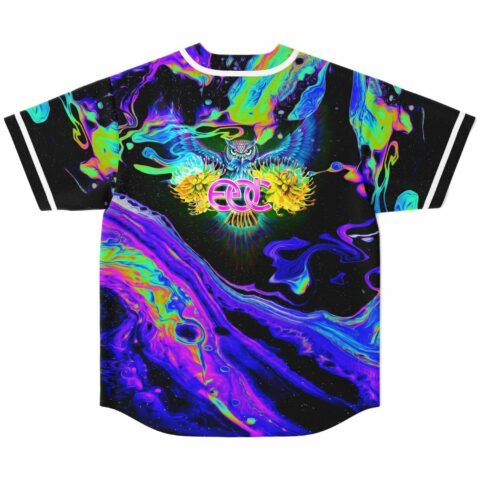 Back view of oil slick rave jersey showing owl graphic and pink EDC logo among