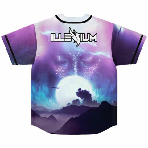 Back view of festival jersey showing cloudy moonlit face art and bass-inspired wordmark