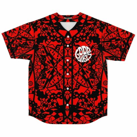 Red and black kaleidoscopic tribal rave baseball jersey with Good Vibes chest print front view
