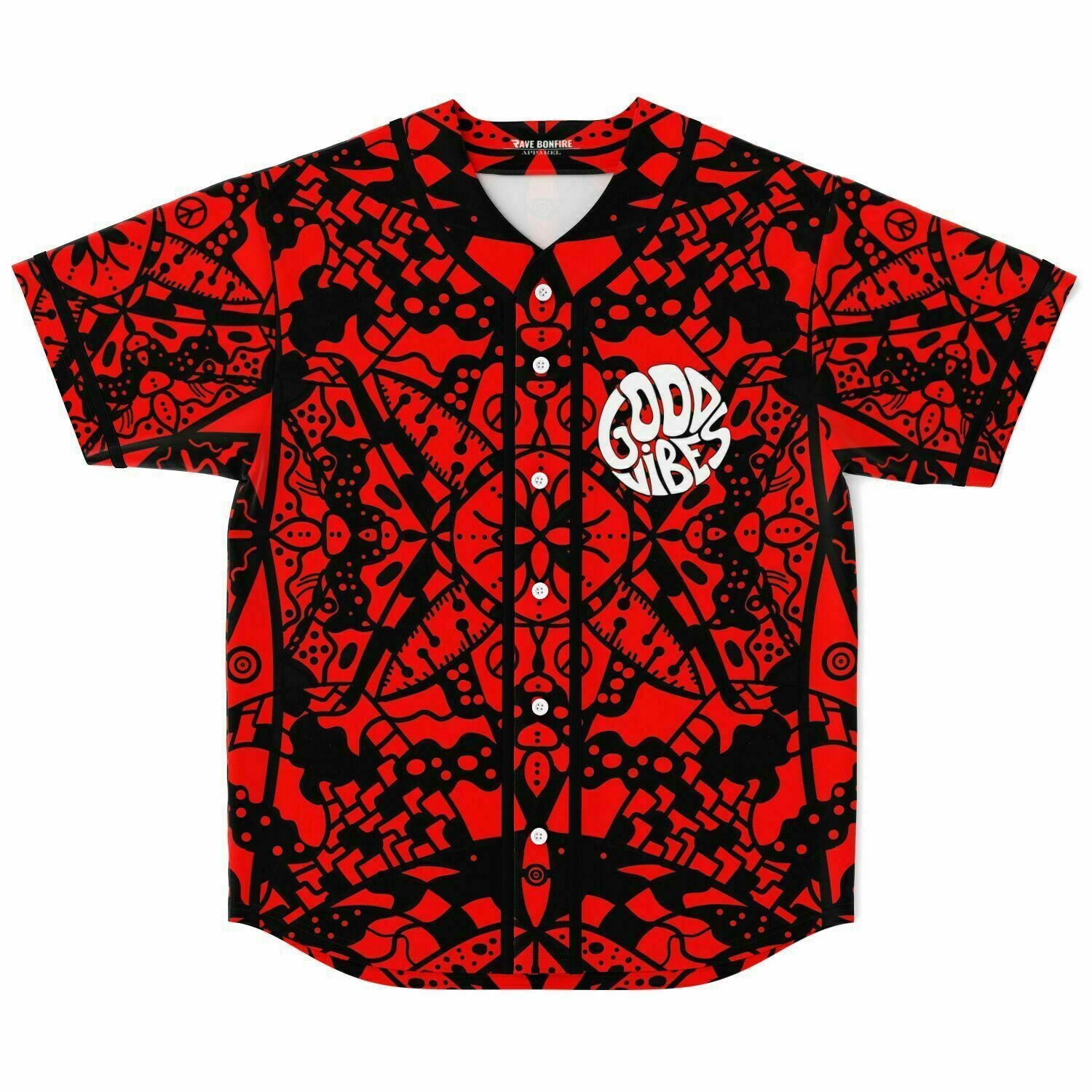 a red Custom Baseball jersey with black and white Good vibes print