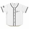White rave baseball jersey with black piping and handwritten Lane 8 script on chest