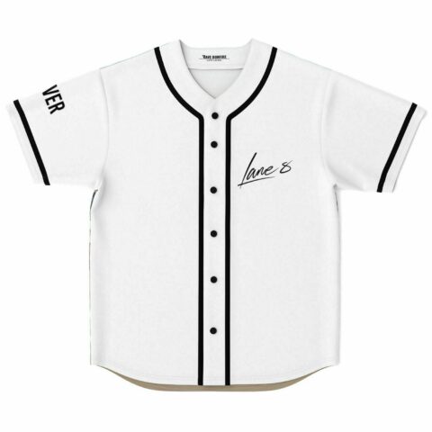White rave baseball jersey with black piping and handwritten Lane 8 script on chest