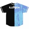 Split blue tie-dye and black jersey back view with bold white wing lettering text