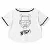 Back view of the white rave cropped baseball jersey with the bear design and text