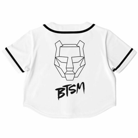 Back view of white cropped rave top featuring bear design and text
