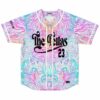 Front view of pastel swirl rave jersey with The Fellas 23 text and button placket