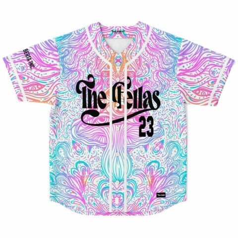 Front view of pastel psychedelic swirl rave baseball jersey with The Fellas 23 print