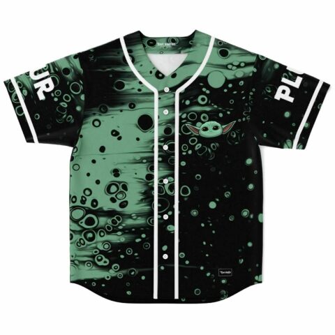 Sage green abstract bubble print baseball jersey with green creature peeking from placket, front view