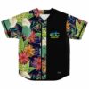 Tropical jungle floral rave jersey, black button panel reading EDC Las Vegas 2023, front