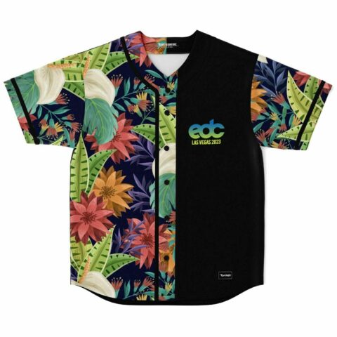 Tropical jungle floral rave jersey, black button panel reading EDC Las Vegas 2023, front