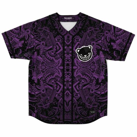 Purple and black baseball jersey with mandala pattern and growling bear patch, front view