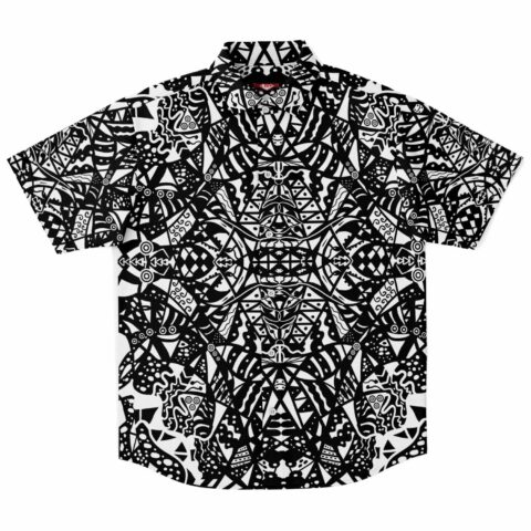Black and white abstract patterned short sleeve button-down shirt