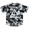 Grey camo rave baseball jersey back with Flosstradamus, HDYNATION text and warning triangle icon