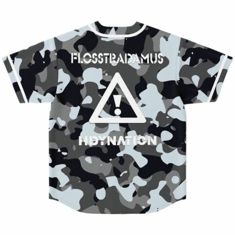 Grey camo rave baseball jersey back with Flosstradamus, HDYNATION text and warning triangle icon