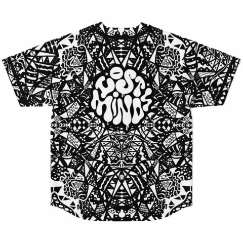 Back view of black and white rave jersey with Lost Minds logo on symmetrical print