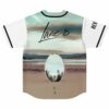 Back view of white jersey with desert oasis mirror print and Lane 8 script