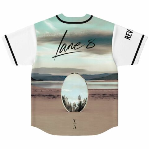 Back view of white jersey with desert oasis mirror print and Lane 8 script