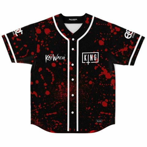 Black rave baseball jersey with red blood splatter print and King text on front