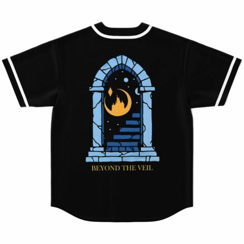 Beyond the Veil stone archway print with crescent flame on black jersey back view