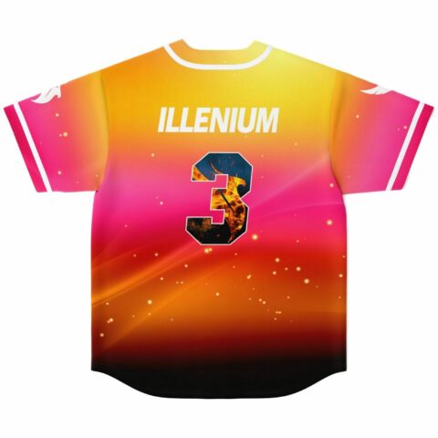 back view of sunset gradient jersey with ILLENIUM text and flaming number 3