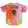 Back view of Slander baseball jersey with dripping smiley face graphic over hypnotic swirl print