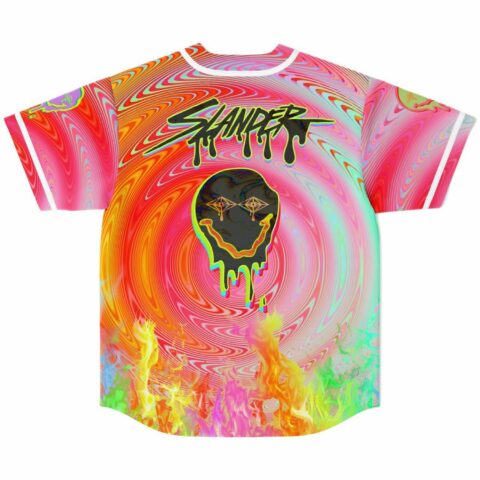 Back view of Slander baseball jersey with dripping smiley face graphic over hypnotic swirl print