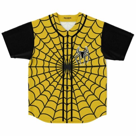 Yellow spider web print baseball jersey with black sleeves and spider logo patch front view