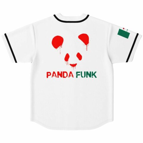 Dripping red panda face graphic on white jersey back with panda funk text below