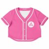 Pink rave cropped baseball jersey with white detailing and a logo