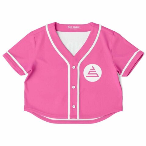 Pink cropped rave top jersey with white detailing and logo