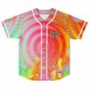 Hot pink psychedelic spiral rave baseball jersey with melting eye patch and rainbow flames, front