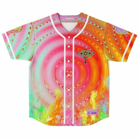 Hot pink psychedelic spiral rave baseball jersey with melting eye patch and rainbow flames, front