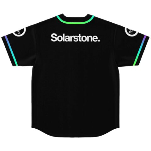 Back view of black jersey with rainbow trim collar and Solarstone text across shoulders