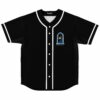 Black stone archway rave baseball jersey with crescent flame graphic laid flat front view