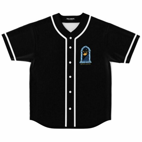 Black stone archway rave baseball jersey with crescent flame graphic laid flat front view