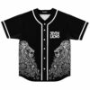 black baseball jersey with mirrored ornate lion and floral line art front view