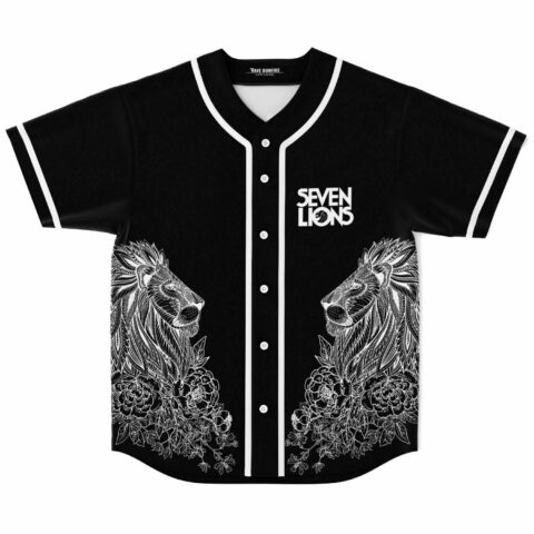 black baseball jersey with mirrored ornate lion and floral line art front view