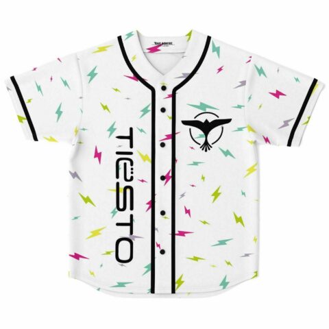White baseball jersey with scattered neon lightning bolt print and bird logo on chest