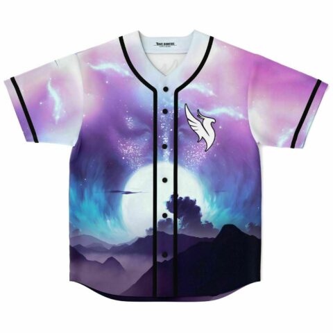Purple galaxy sunrise mountain print rave baseball jersey front view with wing logo