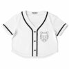 White rave cropped baseball jersey with black trim and a geometric bear design