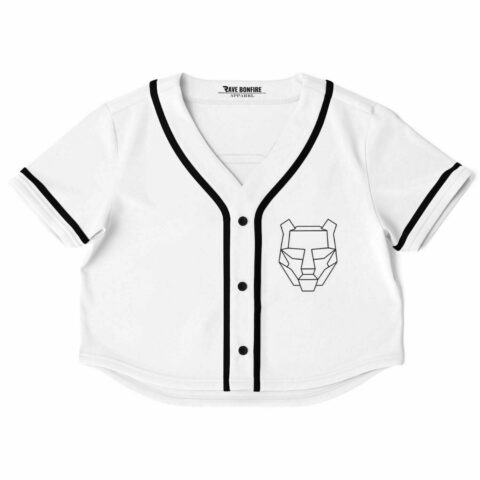 White cropped rave top with black trim and geometric bear design